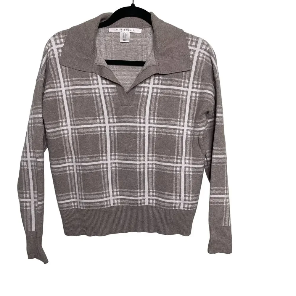 Max Studio Plaid Sweater Knitted Collared Pullover Long Sleeve Brown White M‎